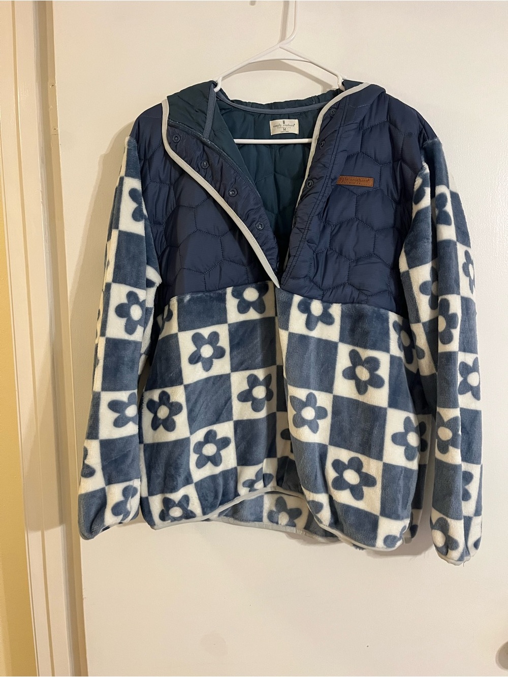 Simply Southern Navy and White Floral Check Fleece Puffer Pullover